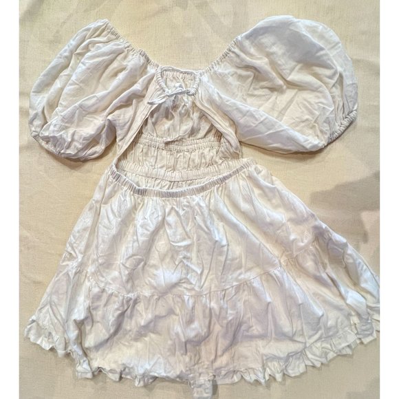 Cleobella Olive Mini Dress Ivory Puff Sleeves Open Back Ruffle Hem Cotton Large - Picture 10 of 13